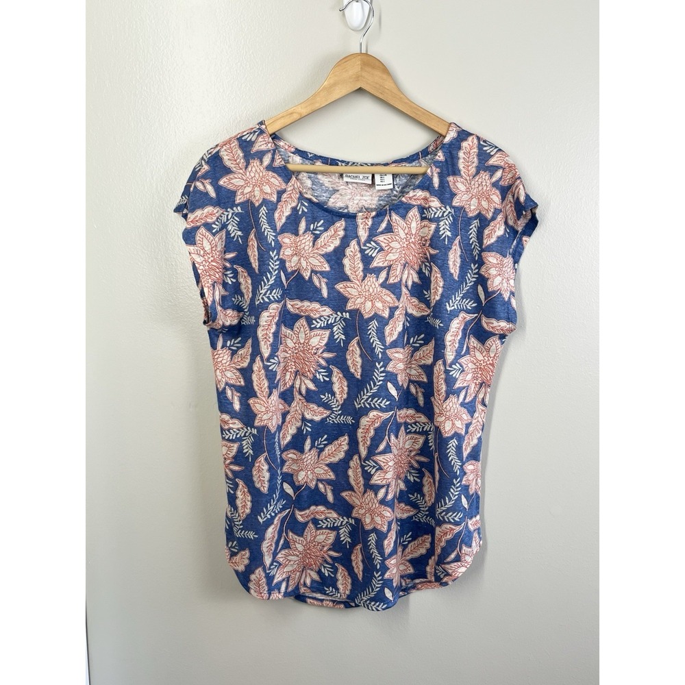 Rachel Zoe Womens L Blue Floral 100% Linen Short Sleeve Top Beach T-shirt